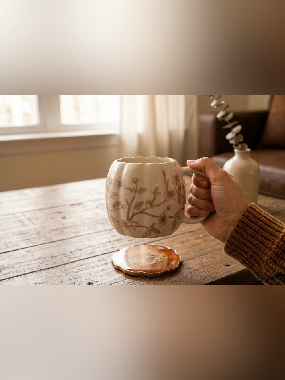 Botanical Floral Ceramic Mug, Vintage Style White Brown Coffee Cup, Cute Pumpkin